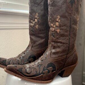 CORRAL VINTAGE BROWN LEATHER WESTERN BOOT WITH BLACK SNAKE INLAY, SIZE 9M